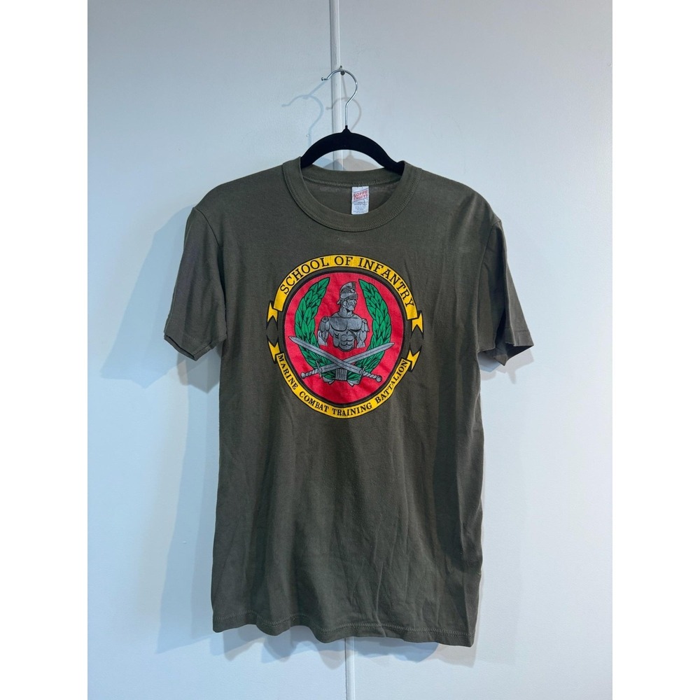 Vintage School Of Infantry US Marines Shirt Mens Small Green Soffe USA 80s 90s
